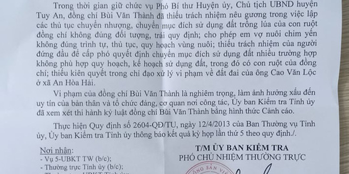 Phú Yên: Cảnh cáo Chủ tịch UBND huyện Tuy An vì liên quan đất đai