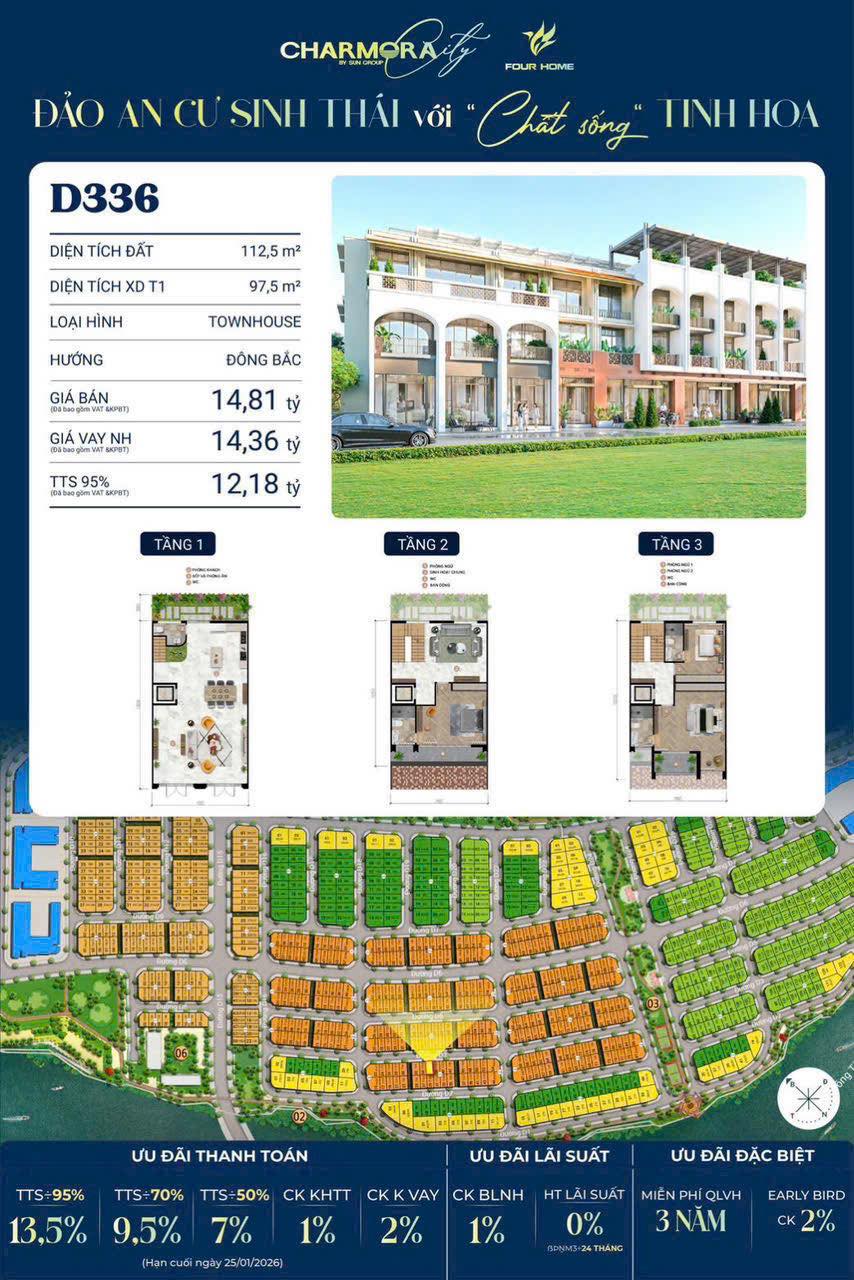 Bán căn liền kề 3 tầng đường D3 KĐT Charmora City- Sun Nha Trang